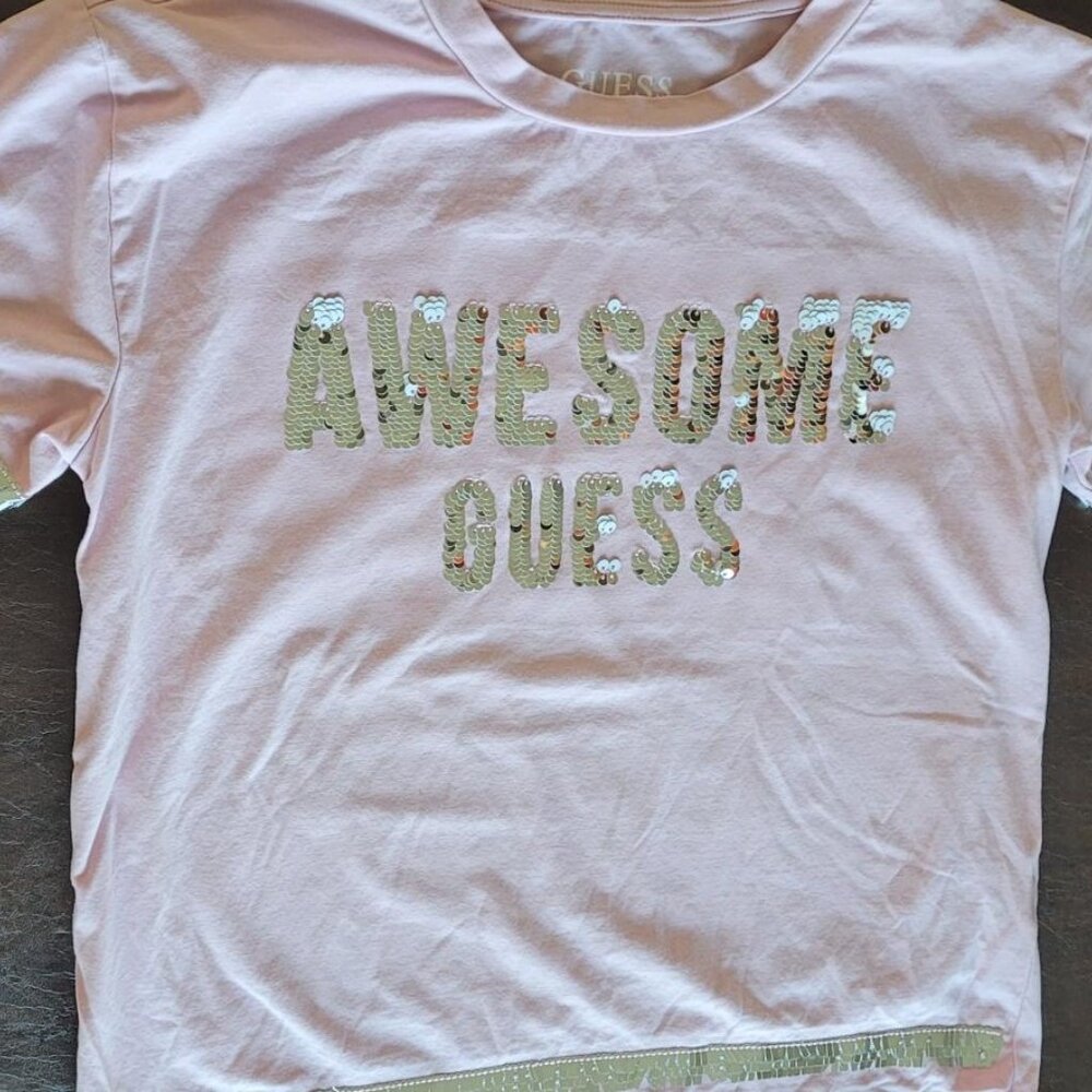 Light Pink Size 12 Guess Shirt Girls with "AWESOME GUESS" Logo Glittery